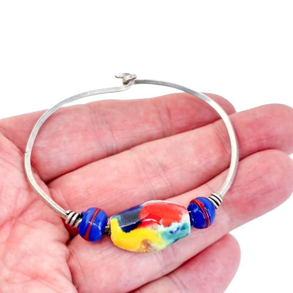 Vintage Artisan Sterling Silver 925 Multicolor Glass Bead Bangle Bracelet 6.5"